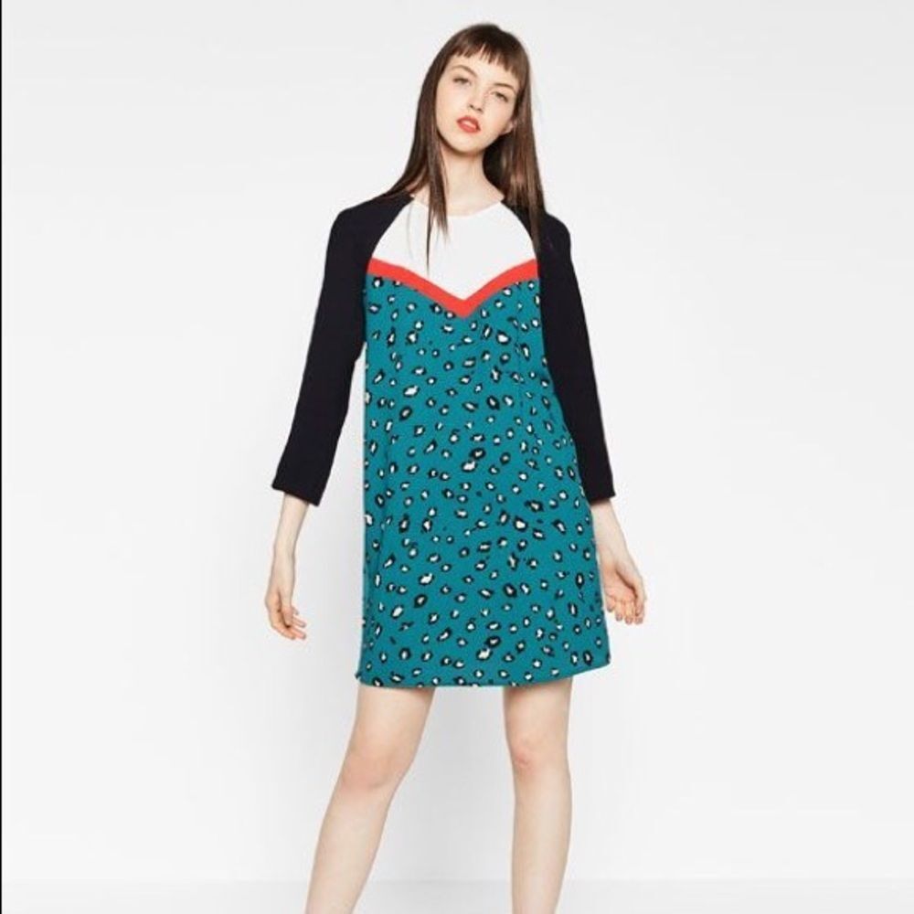 โญ๏ธ NWT Zara Trafaluc Animal Print Shift Dress Small Teal Raglan Sleeve